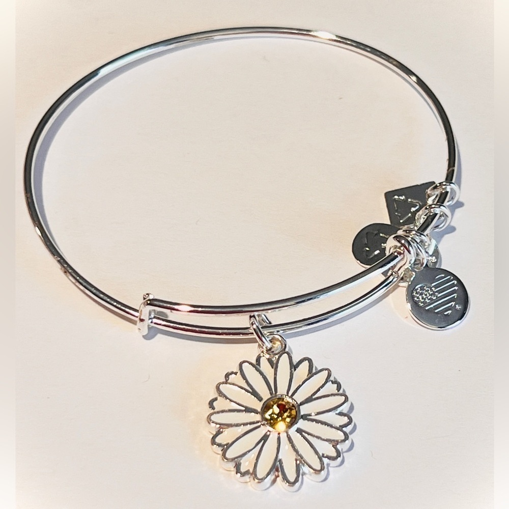 Alex and Ani “Daisy With Crystal” Expandable Charm Bracelet, silver finish.